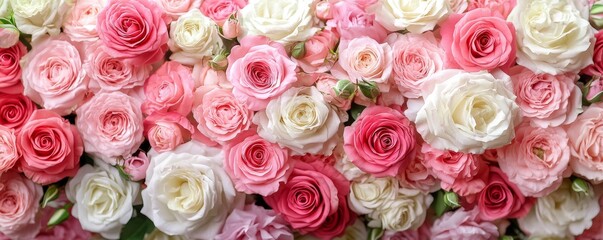 Pink and white rose wall, symbolizing romance and elegance, perfect for celebrations or decorative settings, Generative AI