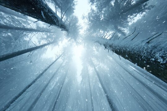 Snowy forest, looking up at tall trees (1)