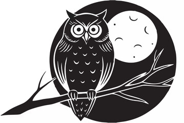 Owl Under Full Moon Silhouett...