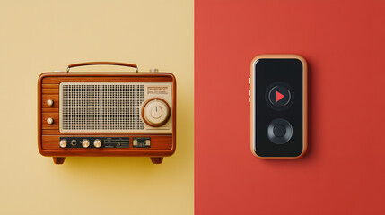 Fototapeta premium Old school radio meets modern smartphone: A vibrant contrast of audio technology through time.