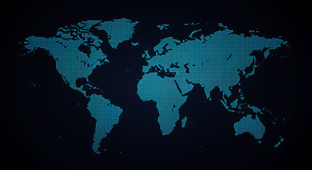World map illustration on black background with continents and global network design