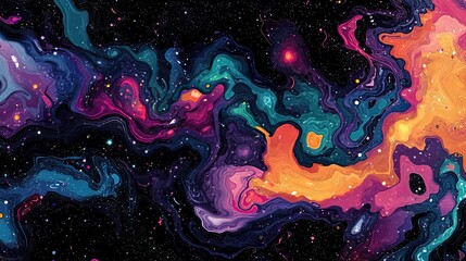 Cosmic - inspired Fluid Art Background with Vivid Colors and Starry Elements 