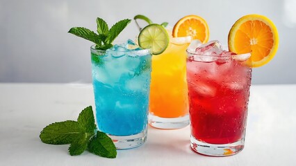 Colorful Summer Cocktails with Citrus Garnish on Ice