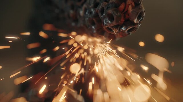 close up slow motion shot of bright sparks flying from an angle grinder cutting through metal