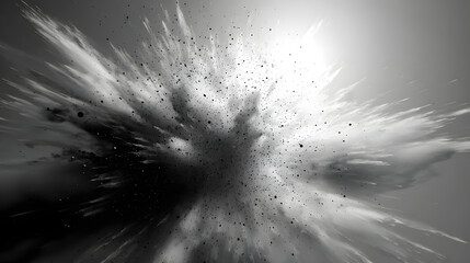 Dynamic monochrome explosion with dispersed particles on a bright background