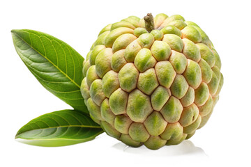 Fototapeta premium Custard apple fruit with green leaves on a black background