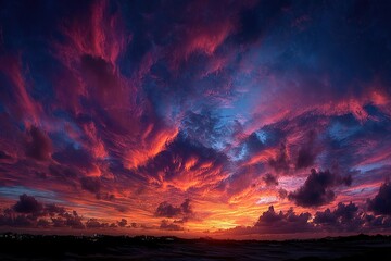Fototapeta premium Dramatic sunset panorama of vibrant clouds