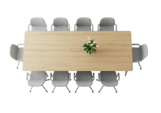 Aerial view, sleek light wood conference table, ten modern grey chairs, peace lily centerpiece, on transparent background, concept of modern professional efficiency
