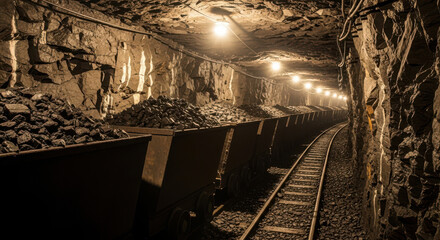 Naklejka premium Ai generated image of dark coal mine tunnel with tracks and lights