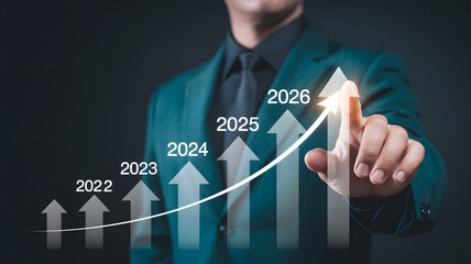 Confident executive guides business growth charting future success from 2022 to 2026