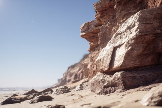 Coastal rock face, light brown sandstone cliffs, sandy beach, clear blue sky