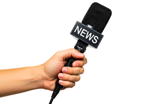 Hand holding a news microphone for reporting isolated on transparent background