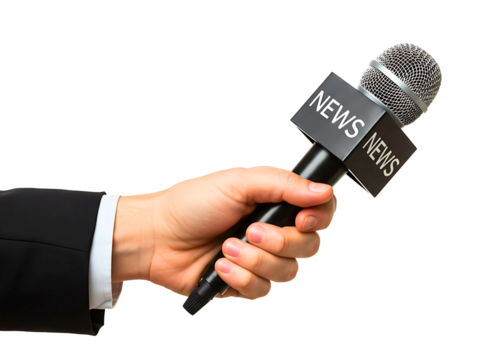 Hand holding a news microphone for reporting isolated on transparent background