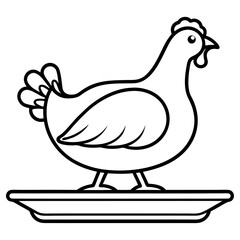Black and white illustration of a chicken on a platter, isolated on white background