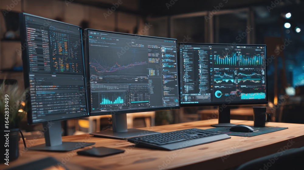 Poster digital data analysis: a modern workstation displays data analytics on multiple screens, symbolizing