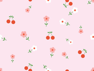 Seamless pattern with cute flower and cherry fruit on pink background vector. © Thanawat