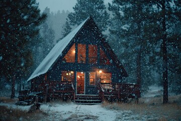 A cozy A-frame cabin bathed in warm light, nestled within a snowy forest at twilight
