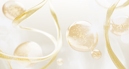 Gold liquid skincare background. Oil drops texture with bubbles, waves and splashes. Yellow transparent serum, collagen gel, essential droplets. 3d render honey, syrup or juice blobs. 3D illustration