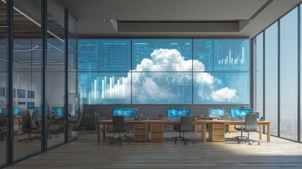 Cloud Computing Control Room: A modern, spacious control room displays sophisticated cloud computing data visualizations, showcasing innovation in technology and big data analysis.