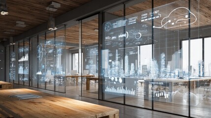 Futuristic Office Interior with Tech Overlay: A modern office space combines innovative architectural design with a cutting-edge, tech-infused atmosphere.