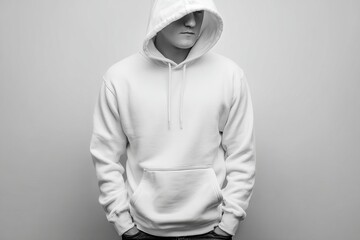 A grayscale image of a person wearing a white hoodie