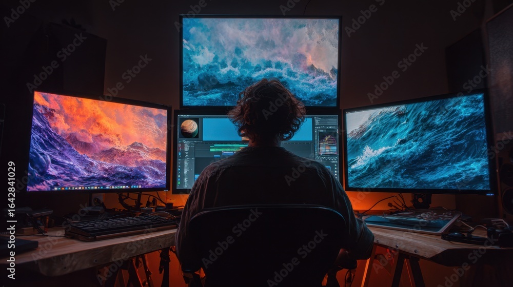 Poster timelapse style footage of a motion graphics artist refining smooth transitions and visual effects i