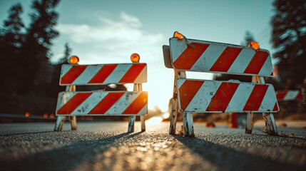 Road barriers on asphalt, sunset