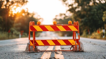 Road closure barrier at sunset