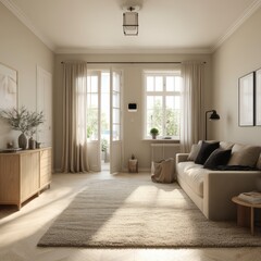 Light-filled beige living room with warm tones