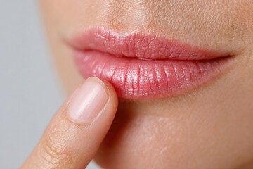 Fototapeta premium Close-up of woman's lips with finger touching