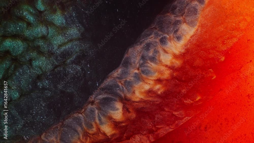 Poster macro view of green and orange-pink inks flowing and collapsing into each other, forming a black shi