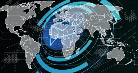 Sketching Americas outline expanding rings rotating Africa pointer pulsing showing network focus