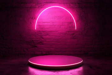 vibrant color visual of Modern round empty platform podium stand for product presentation scene with glowing neon lighting. Front view. Futuristic empty stage mockup high detail 8k
