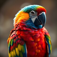 Fototapeta premium Chrome-Plated Macaw: Ultra-Realistic 8K Close-Up of Metallic Feathers with Reflective Cobalt Blues & Fiery Reds - Cinematic Studio Shot with Liquid Metal Texture