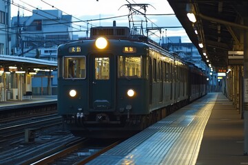 Fototapeta premium A teal train at a station platform at dawn