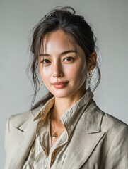 Elegant Woman in Beige Blazer with Gold Jewelry