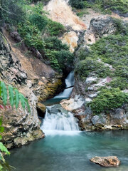 Mini waterfall tucked away in a forested area on a bright day, with extended tree limbs reaching down to the puddle beneath
