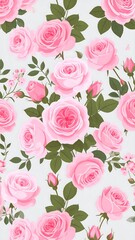 Seamless pattern of light pink roses and green leaves on a light gray background