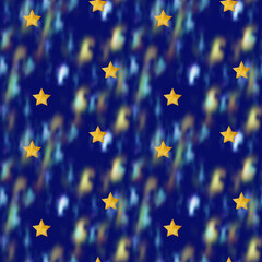 Beautiful dark blue seamless pattern with gold stars and nebula, night sky space background. Watercolor digital illustration. Cute for the kids design of clothes, textile, wrappers