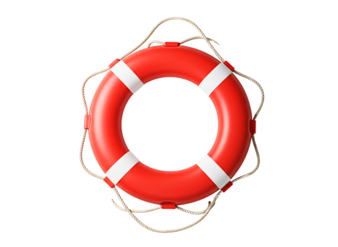 Bright red lifebuoy ring with white straps isolated on transparent background