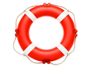 Bright red lifebuoy ring with white straps isolated on transparent background
