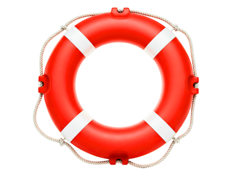 Bright red lifebuoy ring with white straps isolated on transparent background