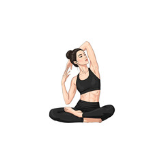 Fototapeta premium Graceful woman in black athletic wear performs a yoga pose with arms raised and legs crossed on a black background