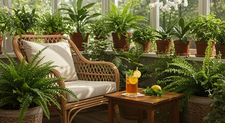 Obraz premium Relaxing wicker chair in a lush green sunroom filled with plants