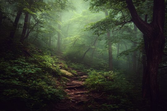 Misty forest path winding through dense greenery