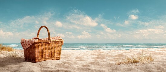 Picnic basket on a sandy beach