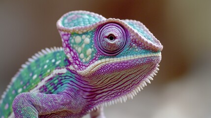Obraz premium Colorful chameleon displays vibrant scales in a natural habitat during daylight hours