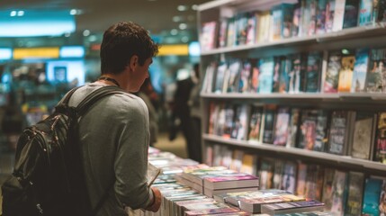 Young man browsing books in bookstore, searching for the perfect read