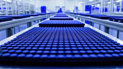 Obraz premium Industrial Production Line Featuring Blue Products on Elevated Platforms in Modern Manufacturing Facility for Quality Control and Efficiency