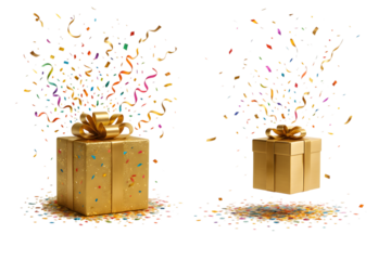 Two golden gifts with confetti explosion celebration surprise presents